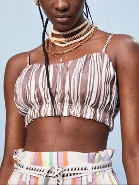 Lemlem x H&M Crop Top Lyocell Linen Brown White Striped Tank Top NWT L